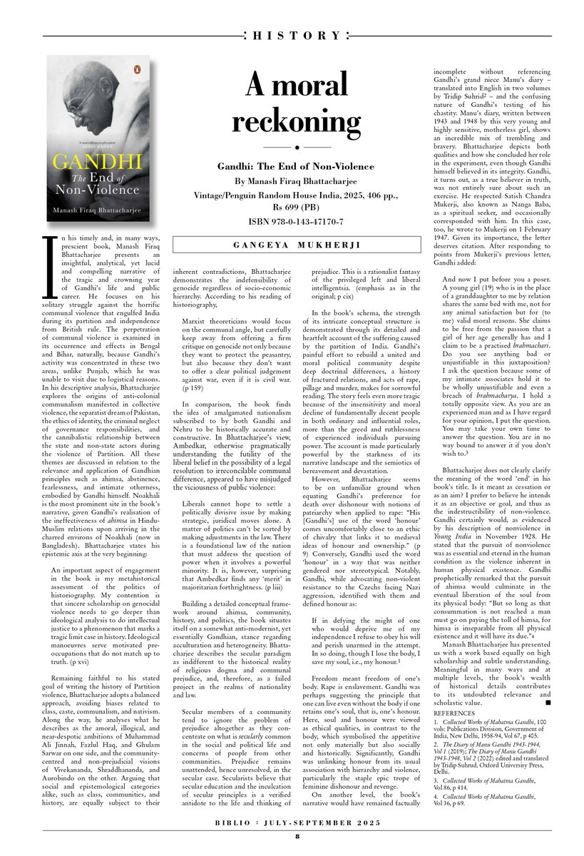 manasharya's tweet image. Gangeya Mukherji reviews my book in the current issue of Biblio:
“In his timely, and many ways, prescient book, Manash Firaq Bhattacharjee presents an insightful, analytical, yet lucid and compelling narrative of the tragic and crowning year of Gandhi’s life and public career.”