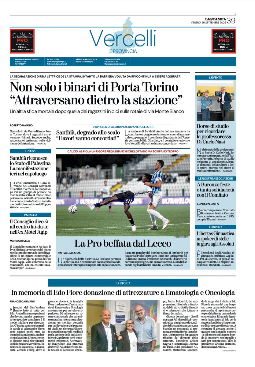 Buongiorno, ecco la copertina della cronaca di Vercelli in edicola oggi, venerdì 26 settembre