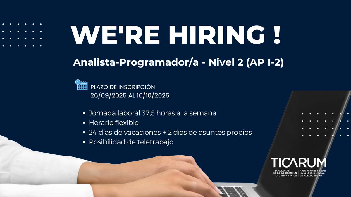ticarum's tweet image. 🚀¡Buscamos talento!
💡Analista programador/a Nivel 2
Si te gusta la #tecnología, el #DesarrolloSoftware, investigar y aprender ¡TE ESPERAMOS!
📢Abierto plazo de solicitudes para inscribirte en la #OfertaDeEmpleo de #TICARUM⤵️
🔗empleo.ticarum.es/empleo/convoca…