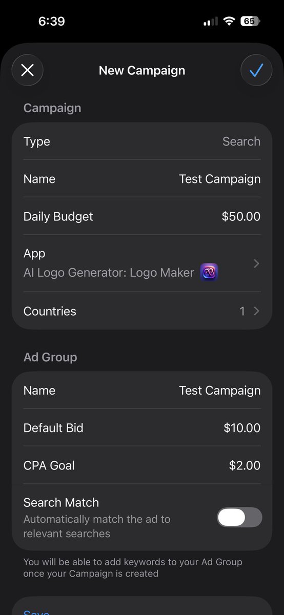 Best setup for Apple Search Ads to try a small campaign

- Single country 
- Competitive default bid
- CPA goal of a low amount
- Search Match is off