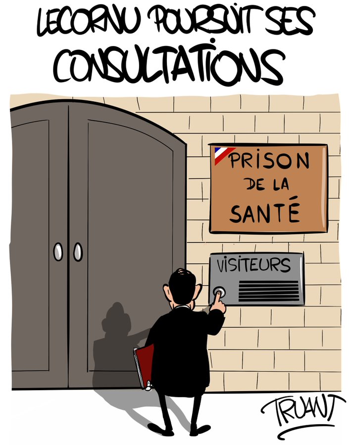 A cartoon of a man in a black suit and red tie pressing a buzzer next to a large door. A sign on the wall reads "PRISON DE LA SANTÉ VISITEURS" with a French flag. Text above the door says "LE CORNU POURSUIT SES CONSULTATIONS".