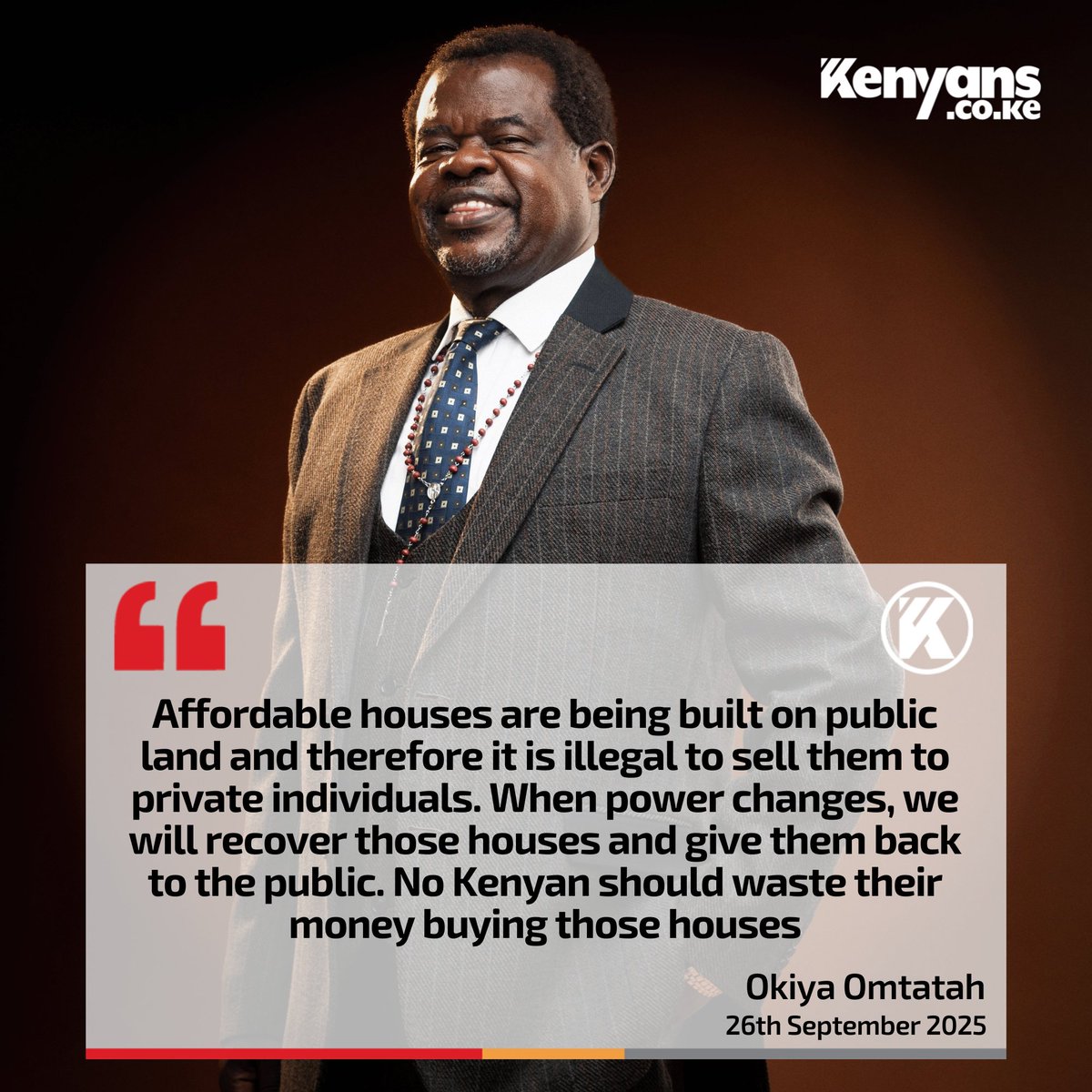 Affordable houses are being built on public land and therefore it is illegal to sell them to private individuals - Okiya Omtatah