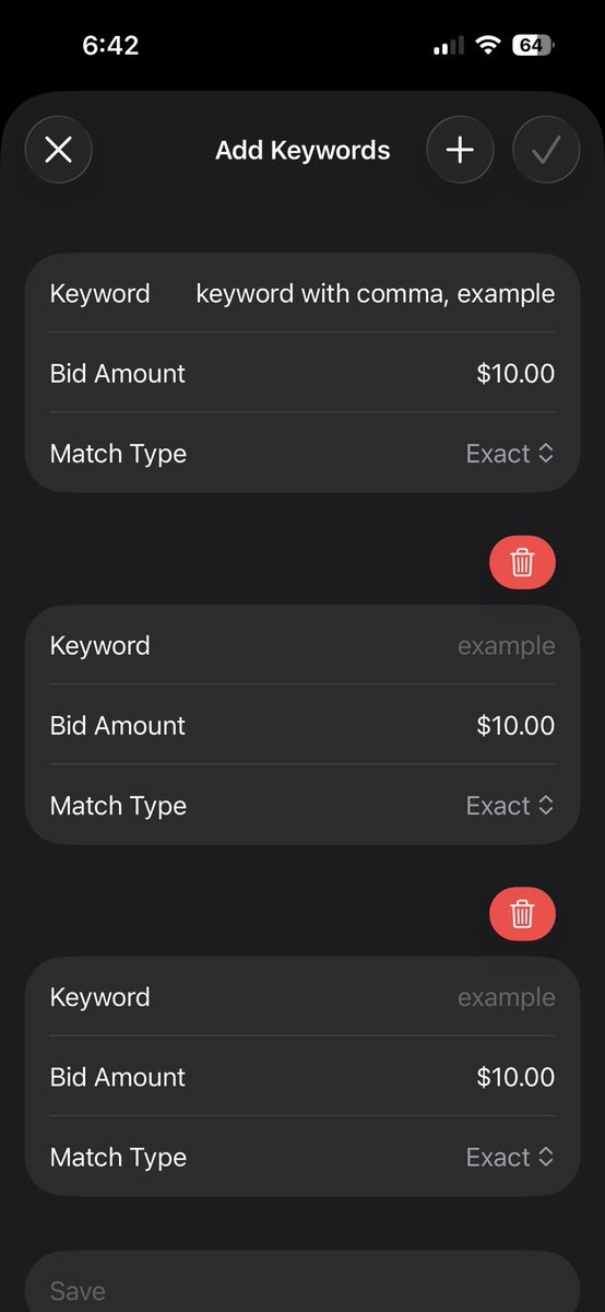 On the Apple Ads website you can’t add any keywords with commas.

But you can using the API. This is helpful if you want an exact match for a long tail keyword: