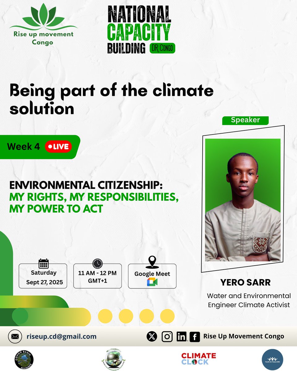 RiseUpCongo's tweet photo. Environmental citizenship is much more than a choice: it's a compelling responsibility. We have a duty to be stewards of our ecosystems and forests, because our actions today shape the future of our planet.

we have the great pleasure of welcoming YERO SARR as a speaker. https://t.co/JsIFUwNuox