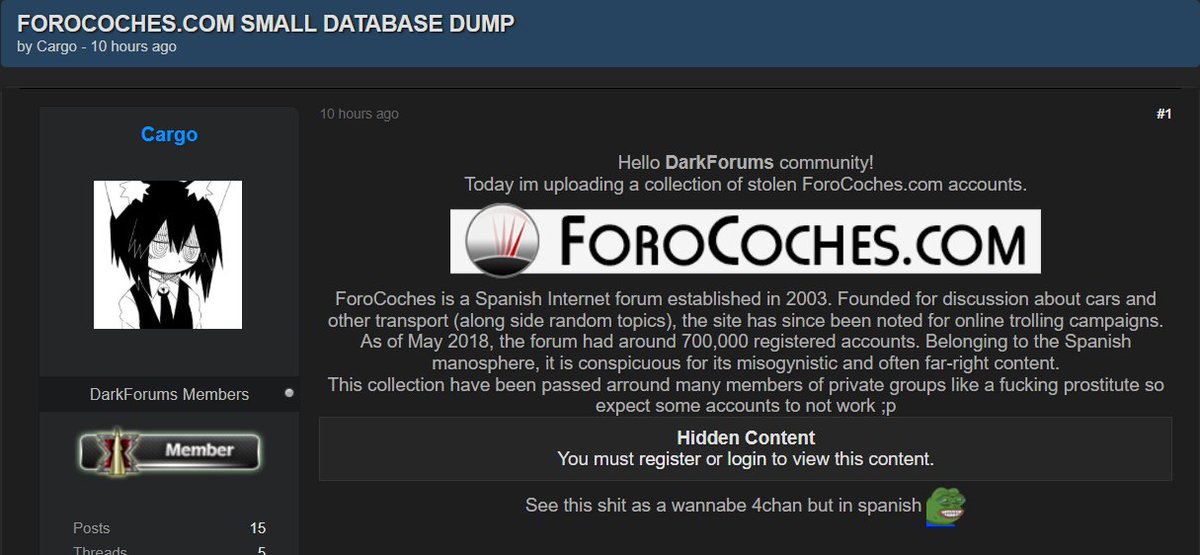 H4ckmanac's tweet image. 🚨Cyber Alert ‼️ 

🇪🇸 Spain - Forocoches 

The threat actor known as Cargo is leaking a database allegedly belonging to Forocoches. 

He stated that this collection has been passed around many members of private groups, warning that some accounts may no longer work.

discover…