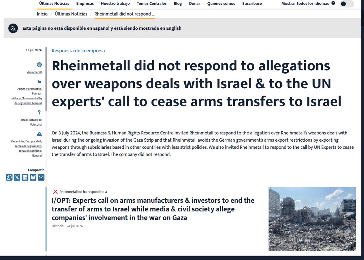 Embargo Gruyere 🧀

En 2024 Rheinmetall fue acusada de usar terceros países para envío de armas a Israel saltándose las restricciones.

Un embargo debe perseguir tb la compra/venta como dice el Tratado armas, no solo las licencias de exportación/importación como hace el Gobierno.