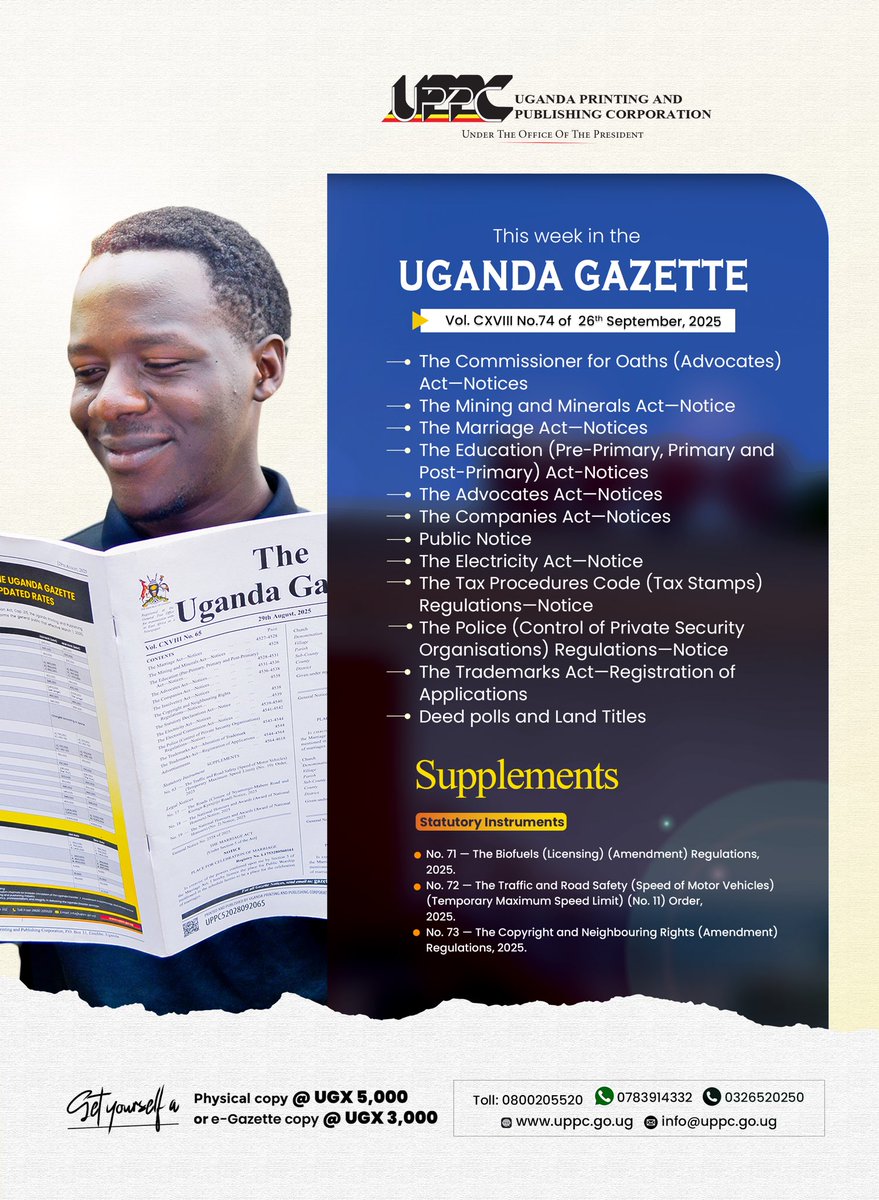 Now available on portal.uppc.go.ug. 

#UgandaGazette