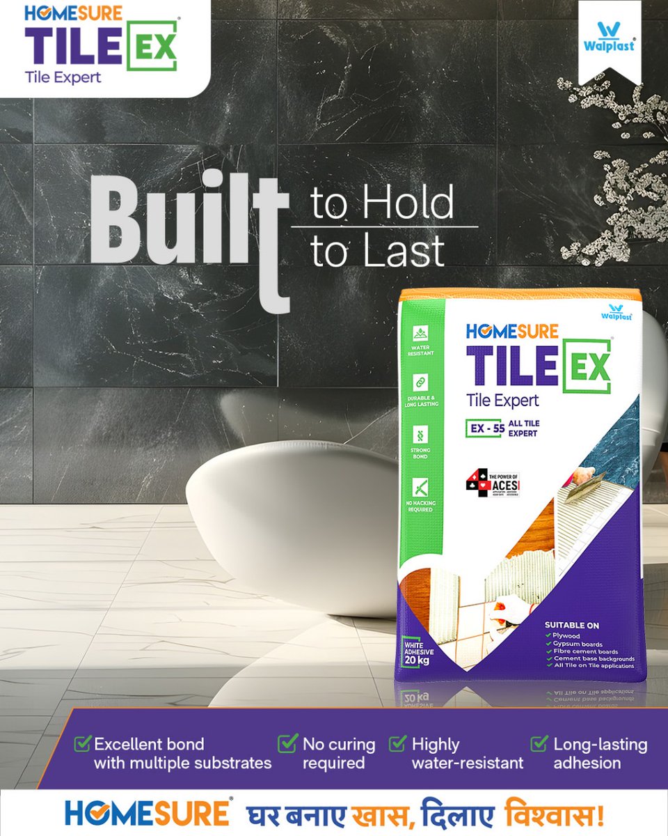 Walplast's tweet photo. Tiles are chosen for beauty, but their true strength lies in the adhesive beneath. TileEx EX-55 ensures a secure, lasting bond across every space—bathroom, kitchen, bedroom, balcony, or terrace.

Visit: https://t.co/jVsByRnvxV

#TileEX55 #WalplastProducts #HomeImprovement #TileEx https://t.co/JPacb2nt8o