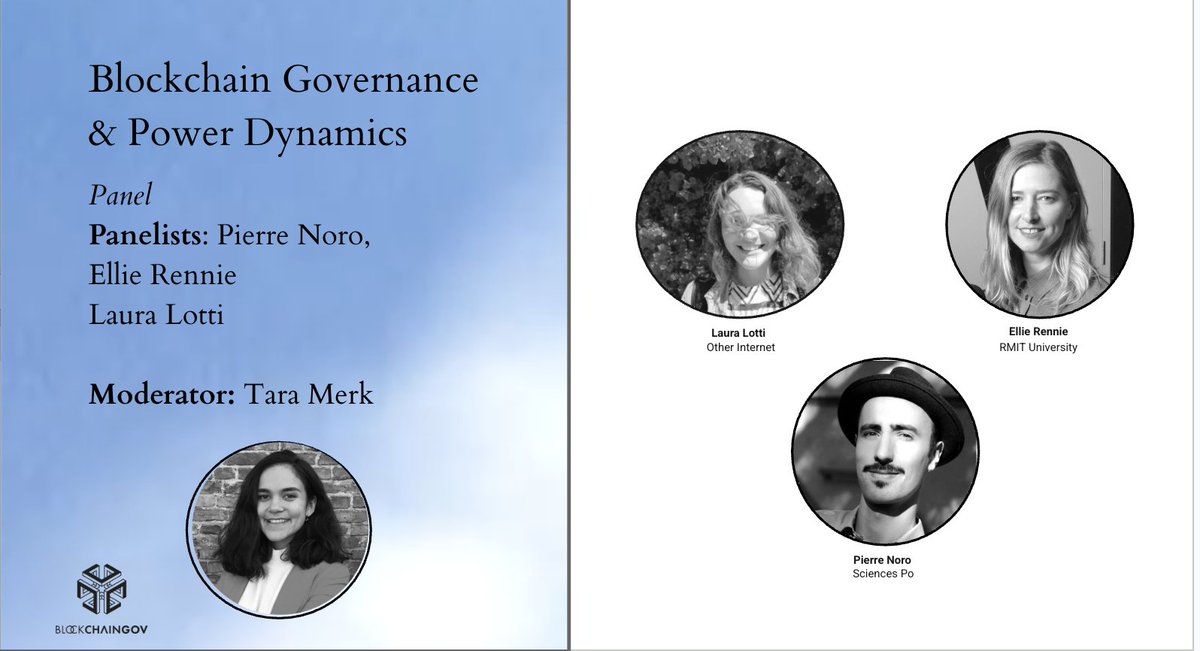 13:30- 14:30 
Panel on Blockchain Governance &amp; Power Dynamics with <a href="/lottiland/">ｌｏｔｔｉ</a>, <a href="/ElinorRennie/">Ellie Rennie</a> &amp; Pierre Noro from <a href="/SciencePo/">SciencesPolitiques</a>. Moderated by <a href="/mpg_dd/">Tara Merk</a>.
