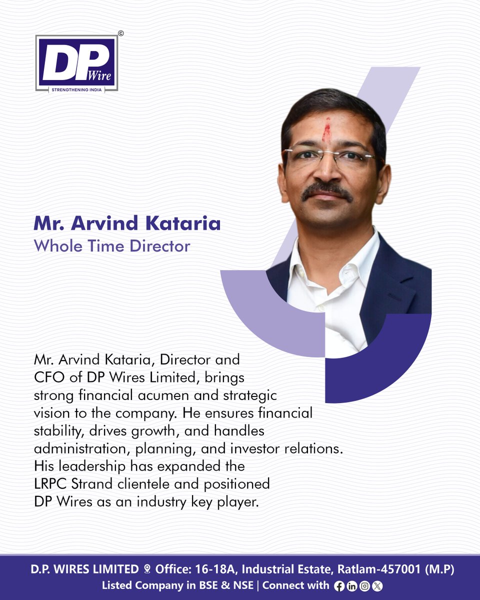 DPwiresltd's tweet image. Strong foundations start with strong leadership.
Meet our Founder
.
Website: dpwires.co.in
.
#dpwires #lrpcstrands #strenght #Engineering #indianconstruction
