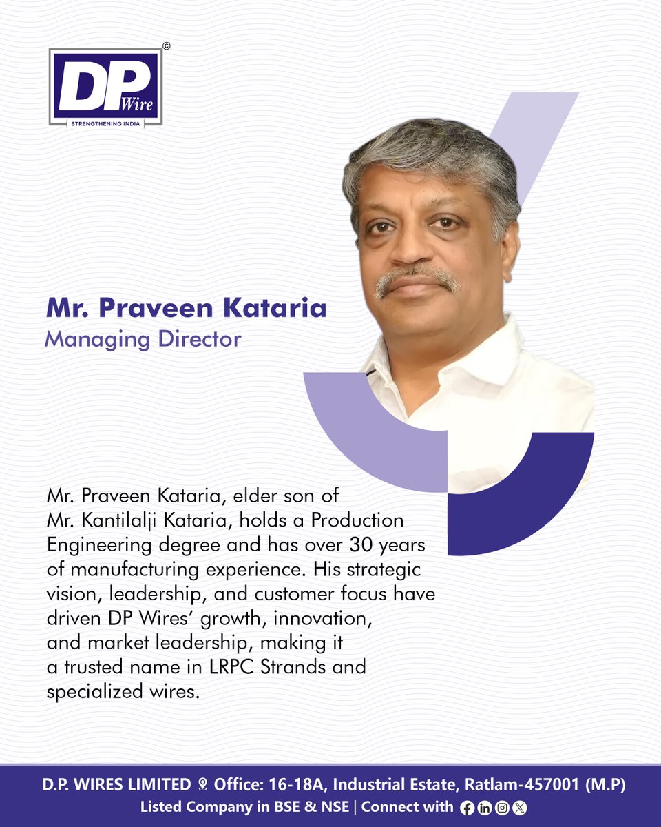 DPwiresltd's tweet image. Strong foundations start with strong leadership.
Meet our Founder
.
Website: dpwires.co.in
.
#dpwires #lrpcstrands #strenght #Engineering #indianconstruction