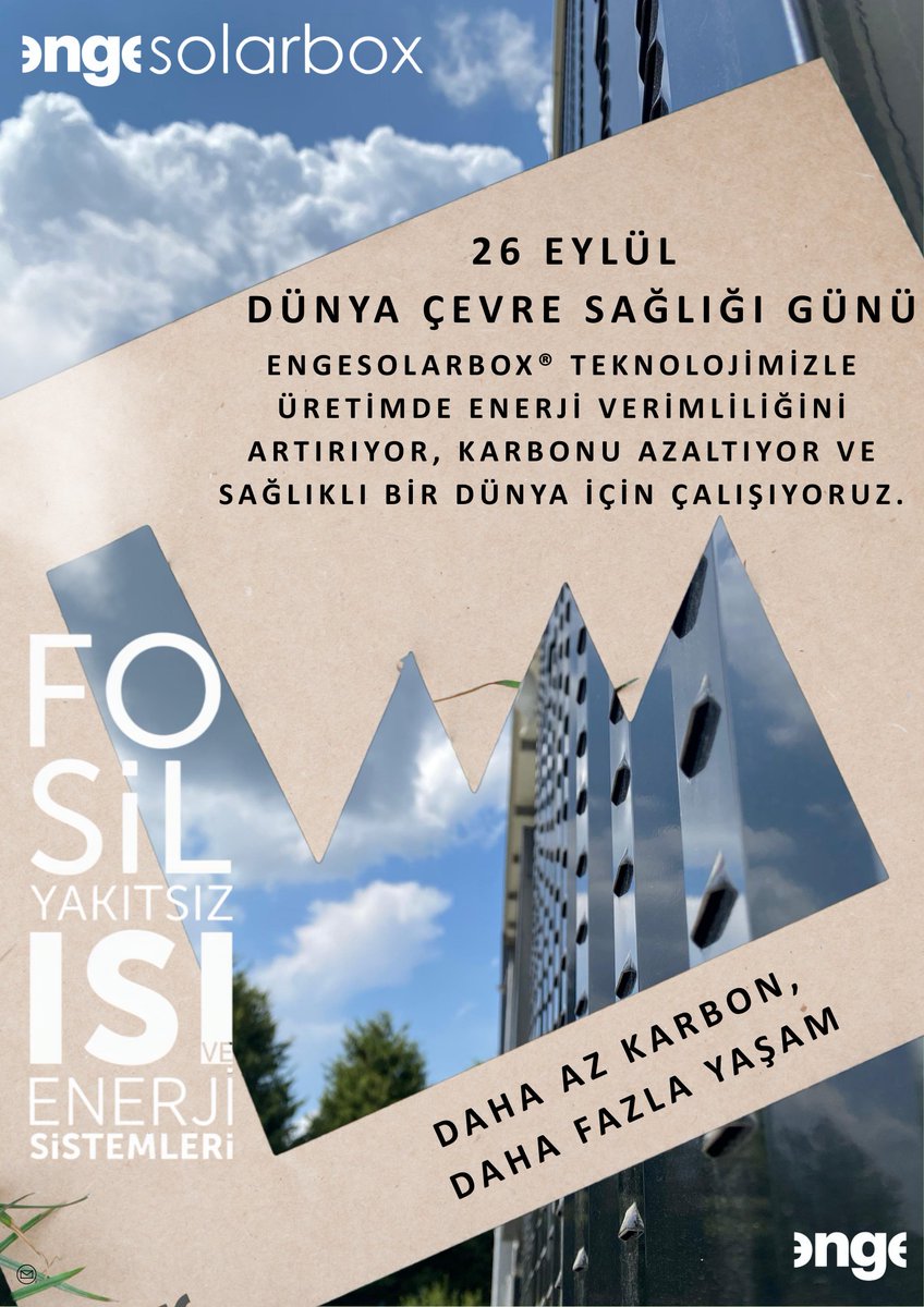 26 EYLÜL 
Dünya Çevre Sağlığı Günü
Engesolarbox® teknolojimizle üretimde enerji verimliliğini artırıyor, karbonu azaltıyor ve sağlıklı bir dünya için çalışıyoruz.

#dünyacevresağlığıgünü #engeenergy #engesolarbox  #sürdürülebilirenerji #yeşilenerji #karbonayakizi #netsıfırkarbon