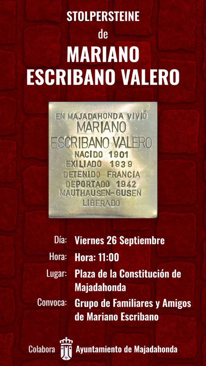 Hoy en Majadahonda homenajeamos la memoria de Mariano Escribano, majariego superviviente de Mauthausen. El Grupo Municipal Más Madrid-Izquierda Unida contribuyó a que sea posible gracias a la presentación en el Pleno de una moción que fue aprobada por unanimidad.