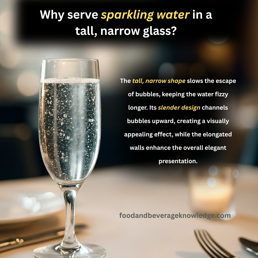 fnbknowledge0's tweet image. 💡 Hospitality Tip: Serve sparkling water in a tall, narrow glass — keeps bubbles longer &amp;amp; adds elegance to your table! 💧✨ #HospitalityTips #FandBService #RestaurantTraining