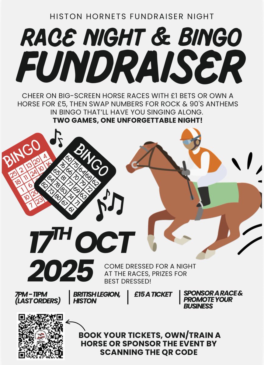 📅 Friday 17th October 2025
⏰ 7PM – 11PM (last orders)
📍 British Legion, Histon
🎟️ £15 per ticket

This isn’t just another night out, it’s a complete evening of racing thrills, 90's and rock anthems, laughs.