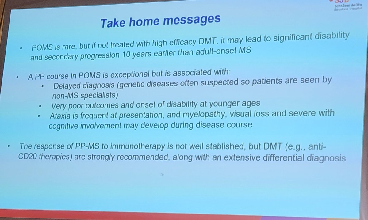 #ECTRIMS2025 
Anti-CD20 is strongly recommended in pediatric onset MS 👍. 
By Dr . Thais Armangue