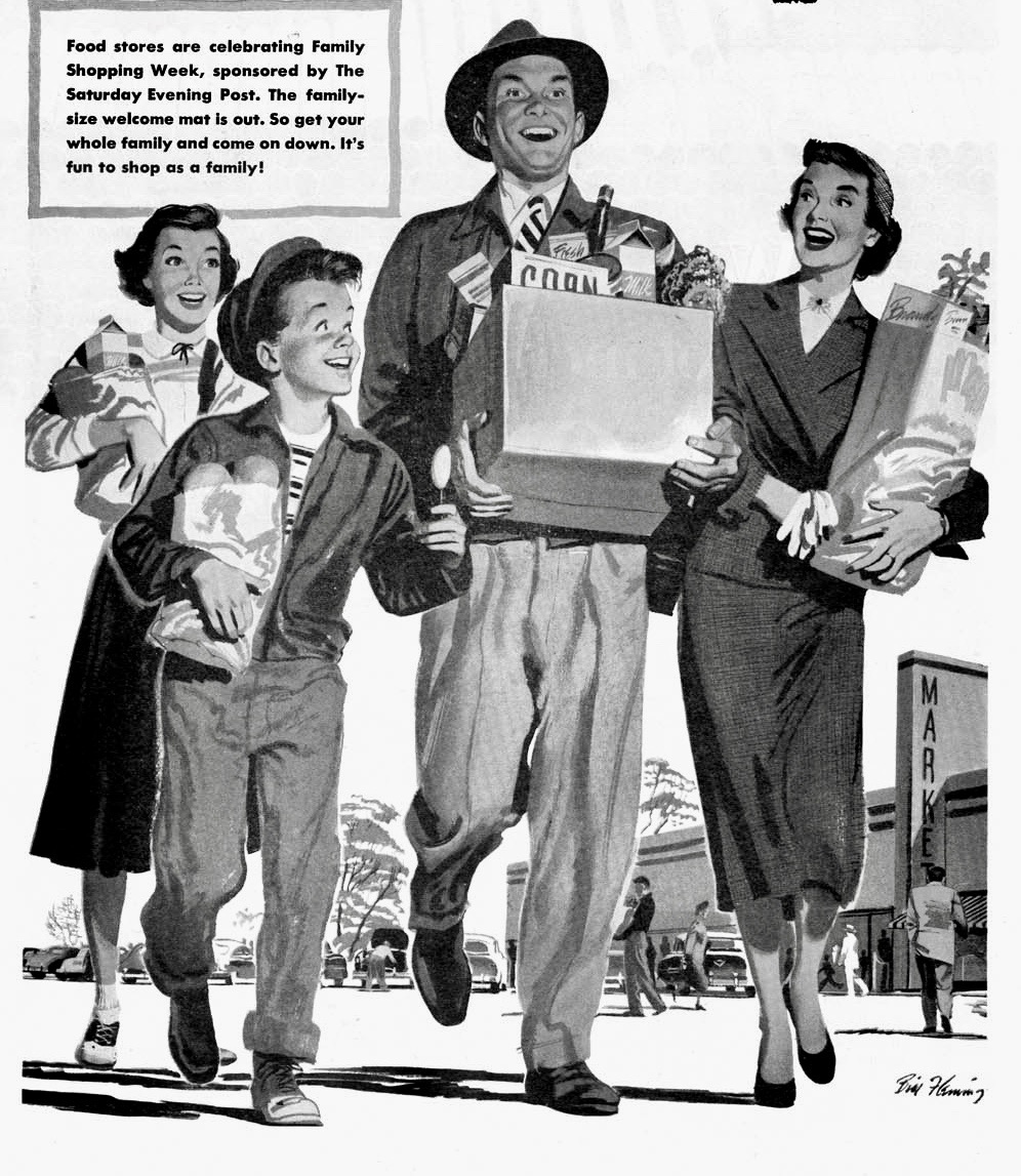 LRonLacy's tweet photo. 'Food stores are celebrating Family Shopping Week, sponsored by The Saturday Evening Post. The family-size welcome mat is out. So get your whole family and come on down. It’s fun to shop as a family!’
#illustrationart #BillFleming #family #familyfun #foodstores #supermarkets https://t.co/iQhMWUvZar
