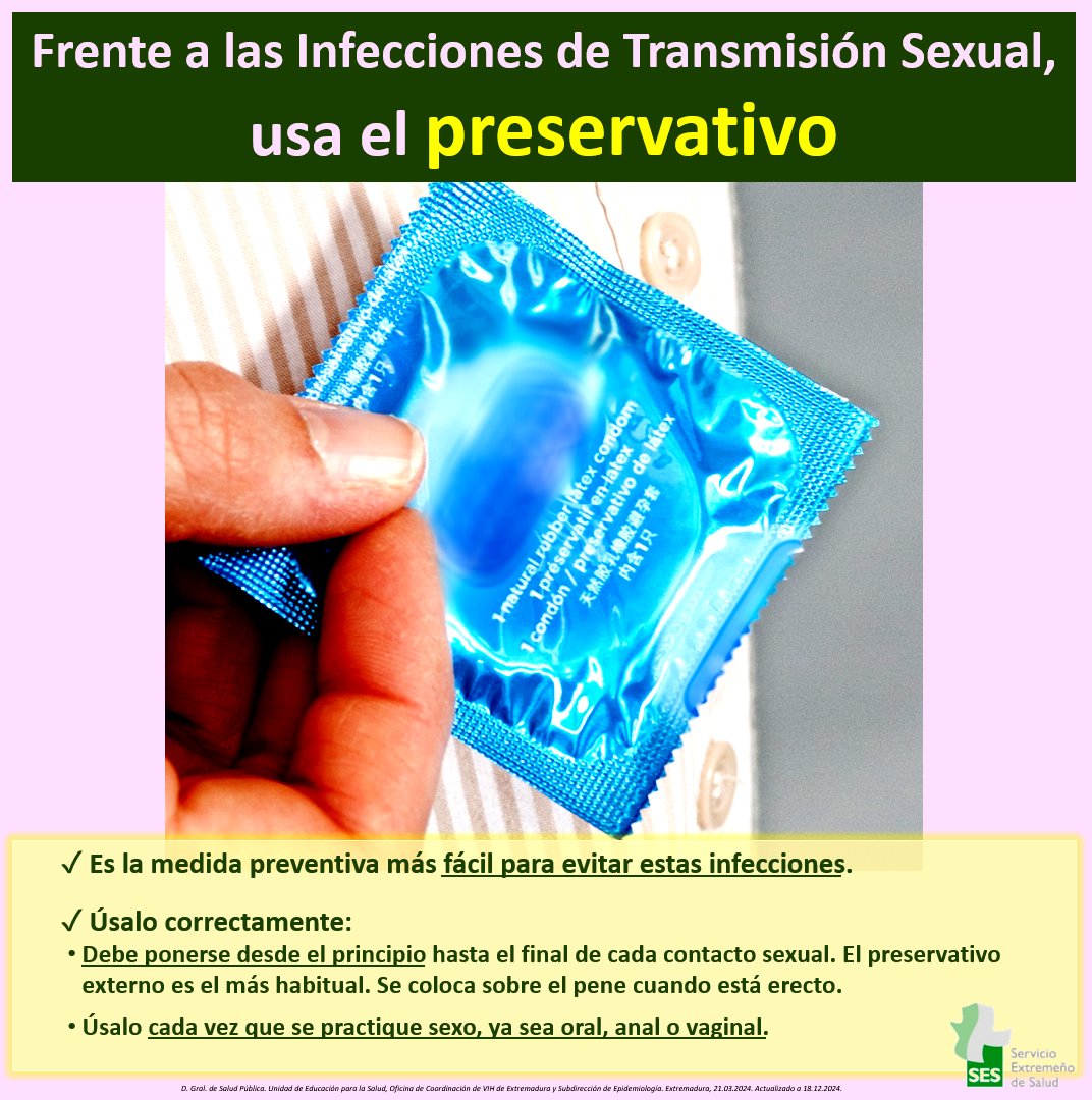 FRENTE A LAS INFECCIONES DE TRANSMISIÓN SEXUAL - ¡USA EL PRESERVATIVO!

👉Estas infecciones pueden provocar SECUELAS diversas que van desde dolor crónico abdominal e infertilidad a ciertos problemas de salud de tipo neurológico y cardiovascular.