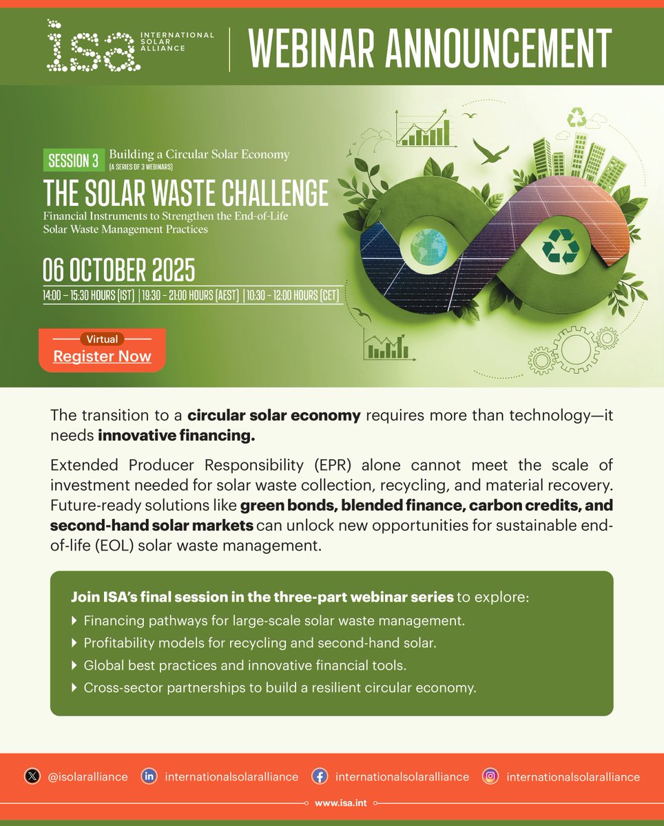 isolaralliance's tweet image. Don’t miss! A Webinar Series on "Solar PV Waste Management: Building a Circular Solar Economy"
Tune in for discussions on EOL forecasting & economics, business models for producer stewardship, the recovery value of silicon PV & non‑ferrous metals, followed by a panel on…