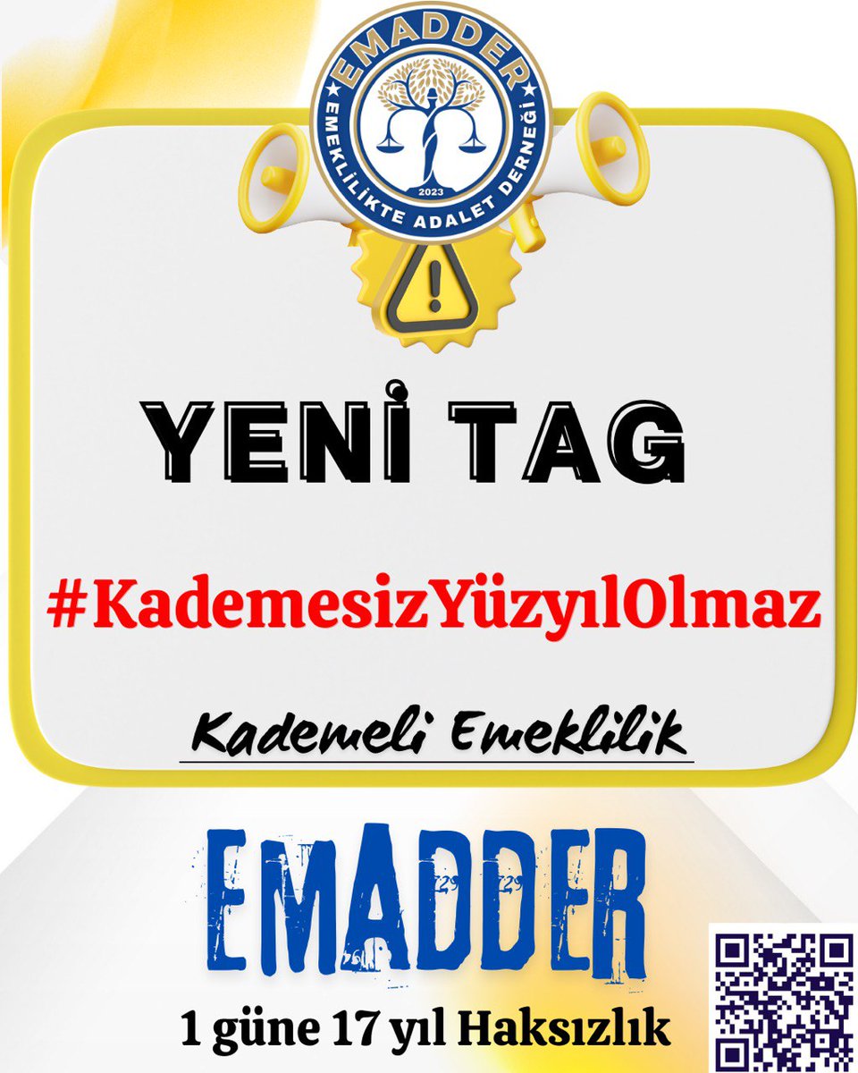 ‼️📣 YENİ TAG 📣‼️
👇👇👇👇👇👇
#KademesizYüzyılOlmaz

08.09.1999 sonrası milyonlarca vatandaş, aynı işi yapmalarına rağmen yaşıtlarından 17–20 yıl geç emekli oluyor. Bu adaletsizlik, hem bireysel hem toplumsal olarak kabul edilemez.
