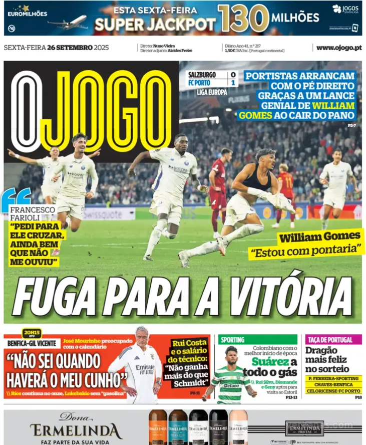 ActuSportsPT's tweet photo. Revue de presse :

🔵 FC Porto gagne à Salzbourg.
🔴 Rui Costa : Aucun privilège envers Mourinho.
🦁 Hjulmand (Sporting) en charge les penalties.
⚫ Portimonense SAD – Gestion contestée et polémique autour du club.
🏛️ FPF : Fernando Gomes visé par une enquête du MP et de la PJ. https://t.co/zY36QS5H4M