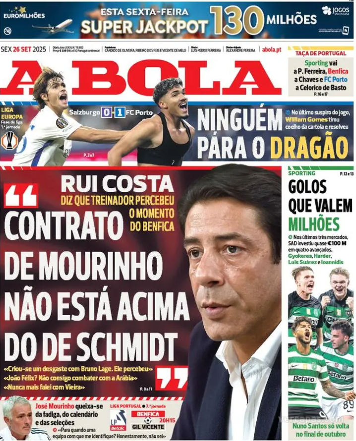 ActuSportsPT's tweet photo. Revue de presse :

🔵 FC Porto gagne à Salzbourg.
🔴 Rui Costa : Aucun privilège envers Mourinho.
🦁 Hjulmand (Sporting) en charge les penalties.
⚫ Portimonense SAD – Gestion contestée et polémique autour du club.
🏛️ FPF : Fernando Gomes visé par une enquête du MP et de la PJ. https://t.co/zY36QS5H4M