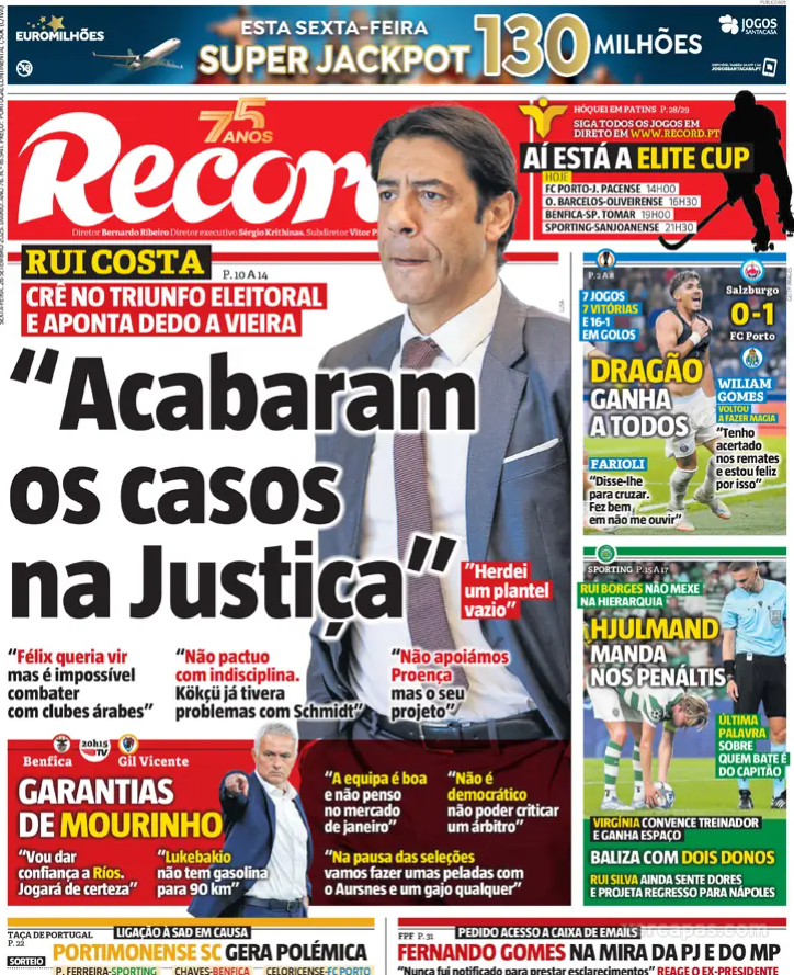 ActuSportsPT's tweet photo. Revue de presse :

🔵 FC Porto gagne à Salzbourg.
🔴 Rui Costa : Aucun privilège envers Mourinho.
🦁 Hjulmand (Sporting) en charge les penalties.
⚫ Portimonense SAD – Gestion contestée et polémique autour du club.
🏛️ FPF : Fernando Gomes visé par une enquête du MP et de la PJ. https://t.co/zY36QS5H4M