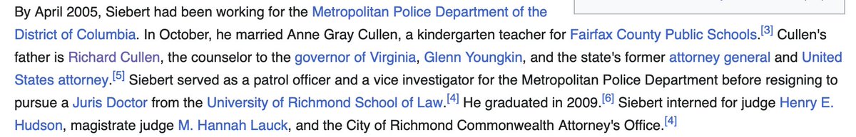 The fired corrupt prosecutor Seibert who tried to slow walk and sabotage the Comey indictment was recommended to President Trump for the appointment by Gov Yongkin's office. 
Seibert's father in law, Richard Cullen, is the counselor to Youngkin. 
Cullen is an ex colleague and