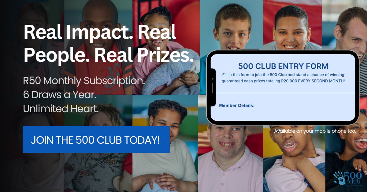 Your monthly R50 #subscription to the #500Club fuels care, love, and dignity for those living with #profounddisabilities.
 
It's not a once-off donation, it's a #monthlycommitment to make an impact and keep you in the running for our R20,000 prize draw, held every two months.