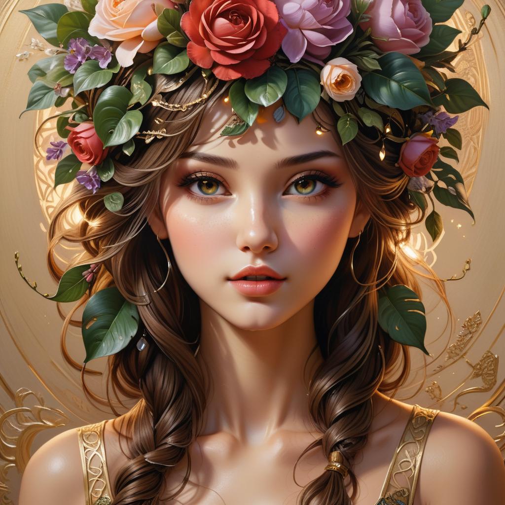 fantastoria's tweet image. A beautiful woman with brown hair and a floral crown is depicted in this AI-generated image. #AIImageCreation #AIGraphicDesign