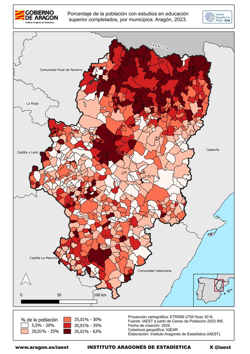 Iniciamos nuevo 𝐡𝐢𝐥𝐨 de 🗺️#MapasEstadísticos de las comarcas aragonesas con perspectiva municipal abordando el % de población con estudios superiores en 2023. Para #Aragón es 33,6%.

𝗘𝘀𝘁𝗮𝗱í𝘀𝘁𝗶𝗰𝗮 𝗹𝗼𝗰𝗮𝗹 🔗aragon.es/-/estadistica-…
#IAEST #MapasIAEST
(1/10)
