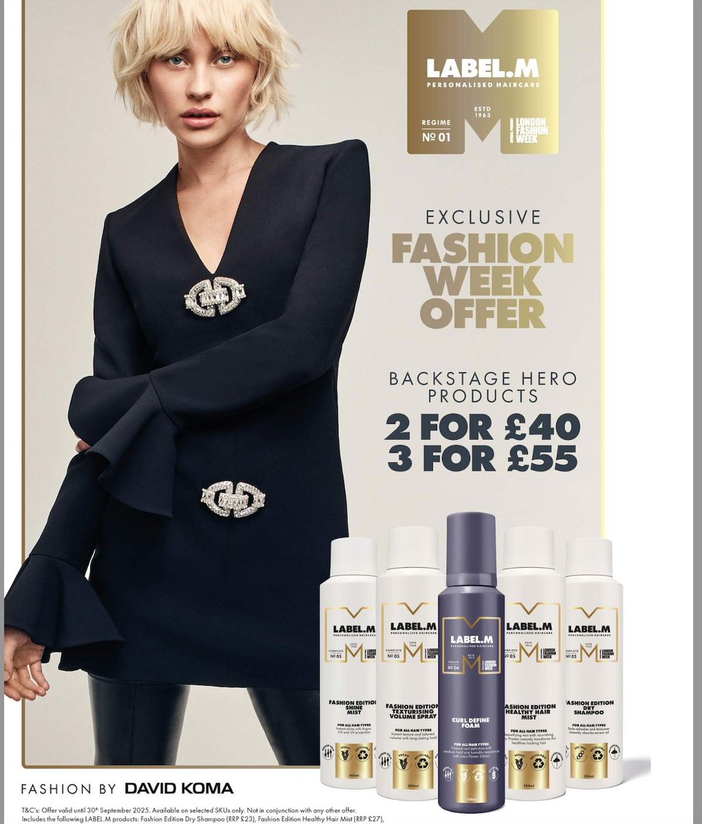 ToniandGuyJsy's tweet image. Label.m product offer, exclusive fashion week offer, backstage hero products 2 for £40, 3 for £55 offer available in salon until 30th sept.
#labelm
#toniandguyworld
#toniandguyjersey