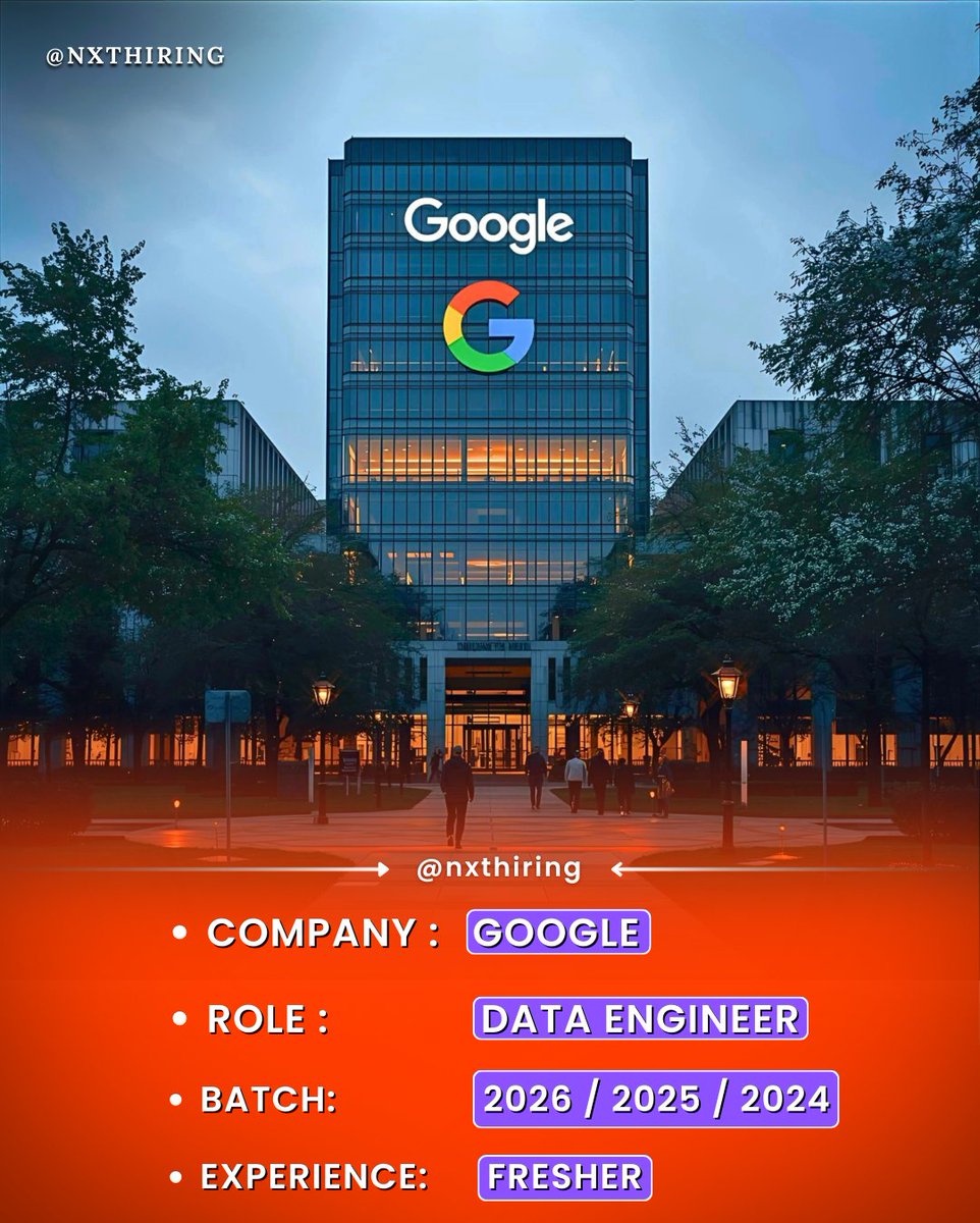 NxtHiring's tweet image. 🚨 @Google Hiring Alert 🚨
📌 Role: Data Engineer
🎓 Batch: 2024 / 2025 / 2026
🆕 Experience: Freshers
👉 Follow @nxthiring for instant job updates
🔔#Apply Link in the first comment
#Google #Hiring #Freshers #DataEngineer