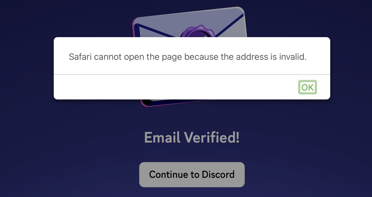 як мене заїбав сучасний інтернет і його сервіси. У твітері перевірка на людську жопу кожного разу, як я пишу новій людині; вирішив написати у діскорд — не працює клейм акаунта через клік у мейлі. Ну і вишенька на торті на пікчі: