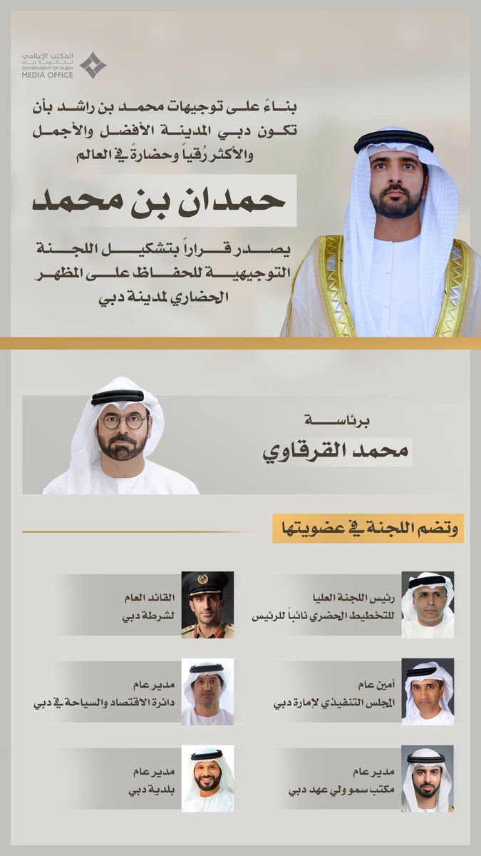 بناء على توجيهات محمد بن راشد بأن تكون دبي المدينة الأفضل والأجمل والأكثر رقياً وتحضراً في العالم، حمدان بن محمد يصدر قراراً بتشكيل اللجنة التوجيهية  للحفاظ على المظهر الحضاري لمدينة دبي برئاسة محمد القرقاوي.

ووفق القرار تضم اللجنة في عضويتها كلاً من: رئيس اللجنة العليا للتخطيط