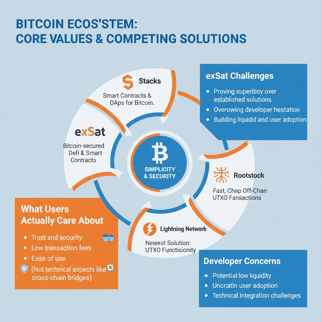 “ <a href="/exSatNetwork/">exSat Network</a> turns Bitcoin into usable money for DeFi and apps, not just a store of value.”

<a href="/exSatNetwork/">exSat Network</a> not everyone values programmability. Many Bitcoin users want simplicity and security, not complexity.

⚪Competing solutions (Stacks, Rootstock, Lightning) already aim to