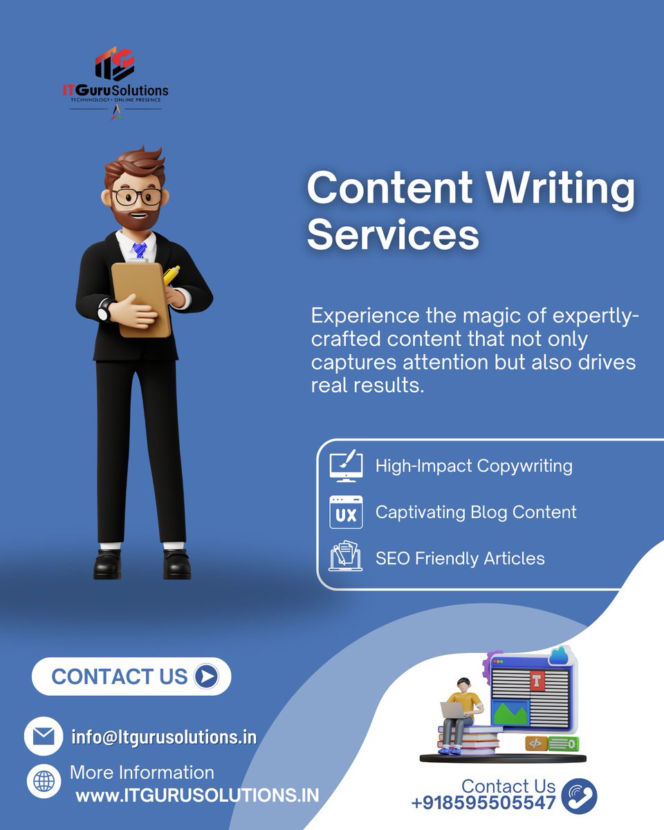 ITGuruSolution's tweet image. Content that speaks. โ๏ธ
Boost your brand with expert content writing services from IT Guru Solutions โ SEO-optimized, engaging, and growth-driven. ๐
๐ +91 8595505547 | ๐ itgurusolutions.in
#ContentWriting #SEOContent #Copywriting #DigitalMarketing #ITGuruSolutions