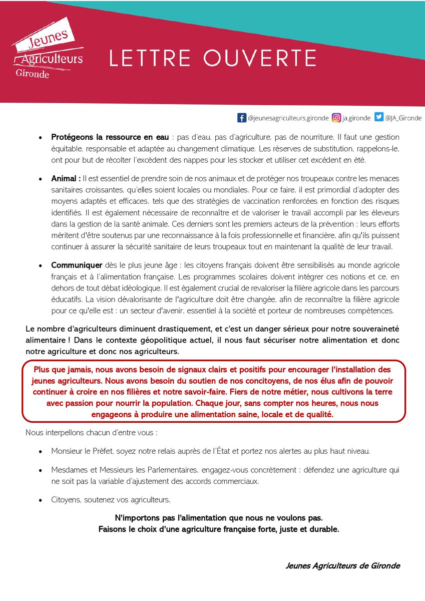 𝐋𝐄𝐓𝐓𝐑𝐄 𝐎𝐔𝐕𝐄𝐑𝐓𝐄 𝐃𝐄 𝐉𝐀𝟑3
𝐍’𝐢𝐦𝐩𝐨𝐫𝐭𝐨𝐧𝐬 𝐩𝐚𝐬 𝐥’𝐚𝐥𝐢𝐦𝐞𝐧𝐭𝐚𝐭𝐢𝐨𝐧 𝐪𝐮𝐞 𝐧𝐨𝐮𝐬 𝐧𝐞 𝐯𝐨𝐮𝐥𝐨𝐧𝐬 𝐩𝐚𝐬 !
"𝑈𝑛 𝑐𝑟𝑖 𝑑’𝑎𝑙𝑒𝑟𝑡𝑒, 𝑑𝑒𝑢𝑥 𝑐𝑟𝑖𝑠 𝑑’𝑎𝑙𝑒𝑟𝑡𝑒... 𝑄𝑈𝐼𝑁𝑍𝐸 𝐶𝑅𝐼𝑆 𝐷’𝐴𝐿𝐸𝑅𝑇𝐸 !
<a href="/JeunesAgri/">Jeunes Agriculteurs</a> <a href="/JA_NleAquitaine/">Jeunes Agriculteurs Nouvelle-Aquitaine</a>