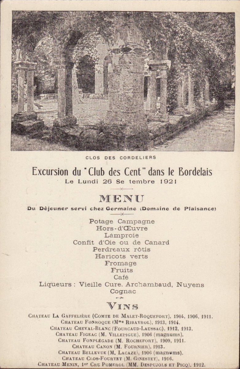 26 septembre 1921
Déjeuner « Club des Cent » chez Germaine

Lamproie
Confit d’Oie ou de Canard
Perdreaux rôtis
Haricots verts

Vins….
