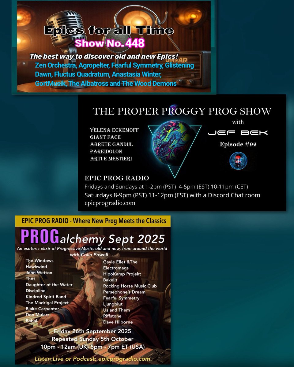 Tonight on Epic Prog Radio!

Epics for all Time 
Presenter,Jan Bracke
8pm CET, 7 UK time, 2pm EST

The Proper Proggy Prog Show
Presenter,Jef Bek
10pm CET, 9pm UK time, 4pm EST

PROGalchemy
Presenter, Colin Powell
11pm CET,10pm UK time,5pm EST

epicprogradio.com 
#progrock