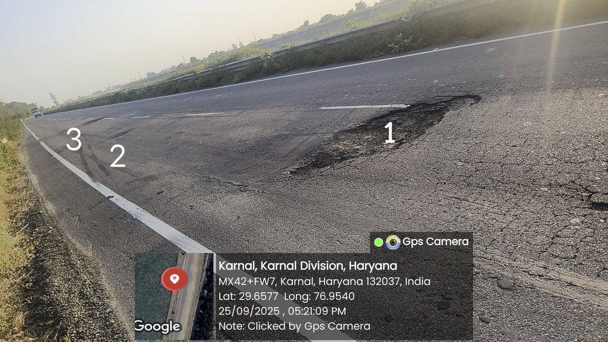 Huge path hole on a turn, thank god I am safe. Newly built bypass from Vishvkarma chownk karnal to munk road. I need urgent attention to save precious lives. #karnal #pwd #roadpathhole <a href="/Bjpkarnal71/">BJP Karnal</a>  <a href="/cmohry/">CMO Haryana</a>