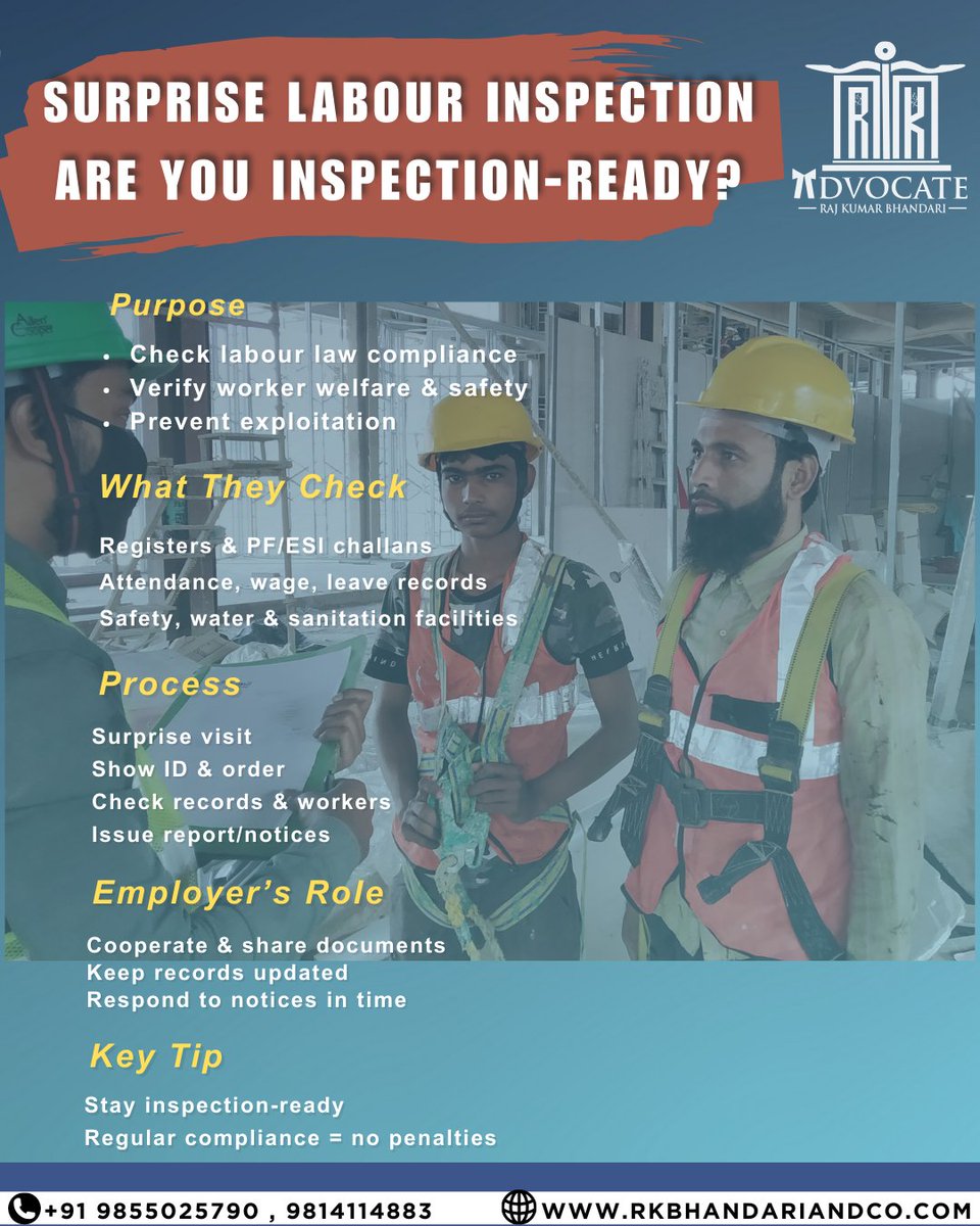 co_prabal's tweet image. 📞 For guidance on labour law compliance and inspection preparedness, contact:
📱 98141-14883 | 98550-25790

#LabourInspection #LabourLaw #ComplianceCheck #EPF #ESI #WorkplaceSafety #HRCompliance