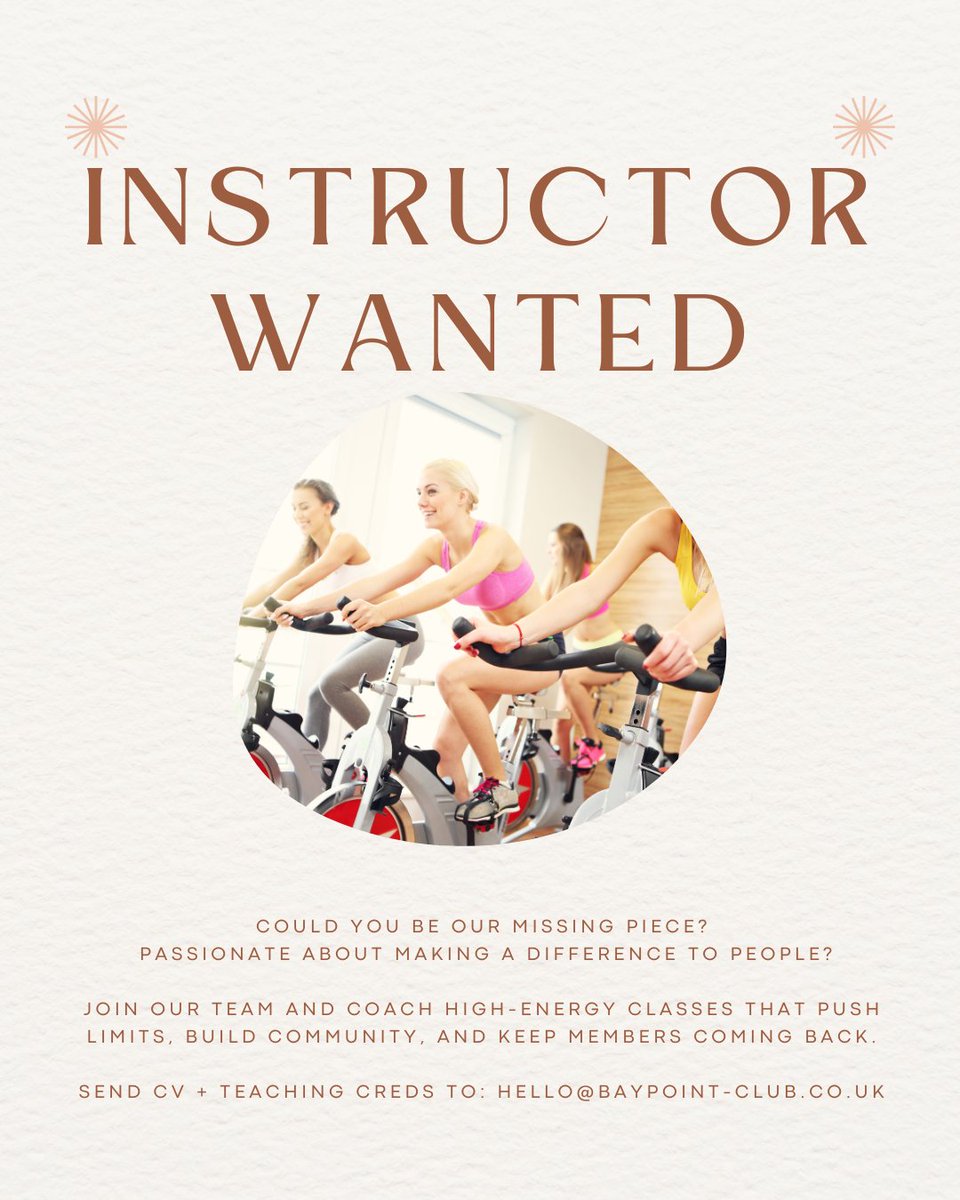 Class Instructor Wanted!
We are looking for a qualified and passionate Class Instructor to join our team.

How to Apply:
Please send your CV and qualifications to: hello@baypoint-club.co.uk

We look forward to hearing from you!
