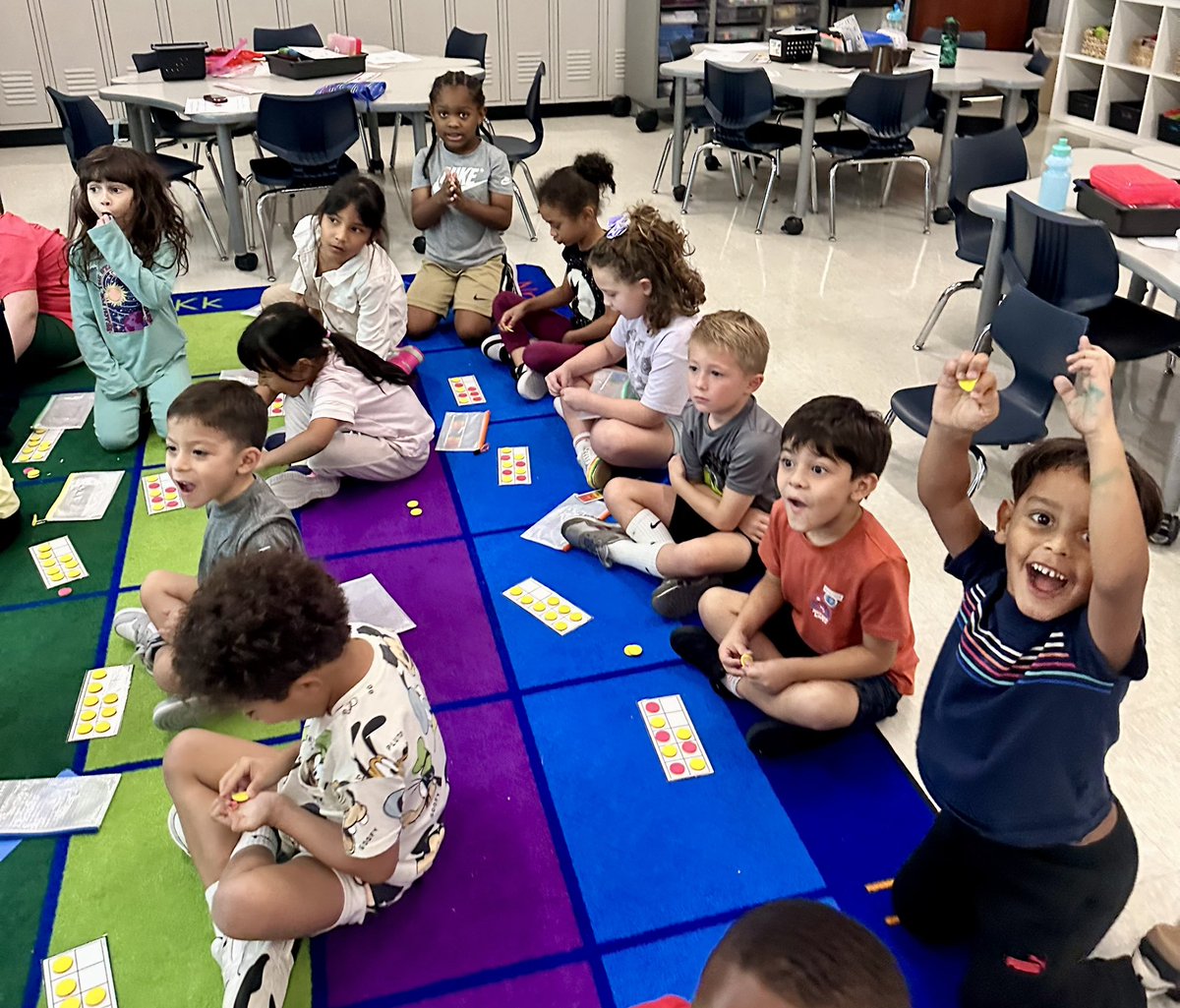 ngriffith106's tweet photo. Student vs. Teacher Race to 10, comparing numbers while using our 10 frames. Favorite comment of the day: a student spun 2 and another student quickly stated “now we’re tied with Mrs. Griffith, we’re equal!” 
Can you tell who won? #rockyourrole #wearedegan #onelisd https://t.co/oGKeWjhIJP