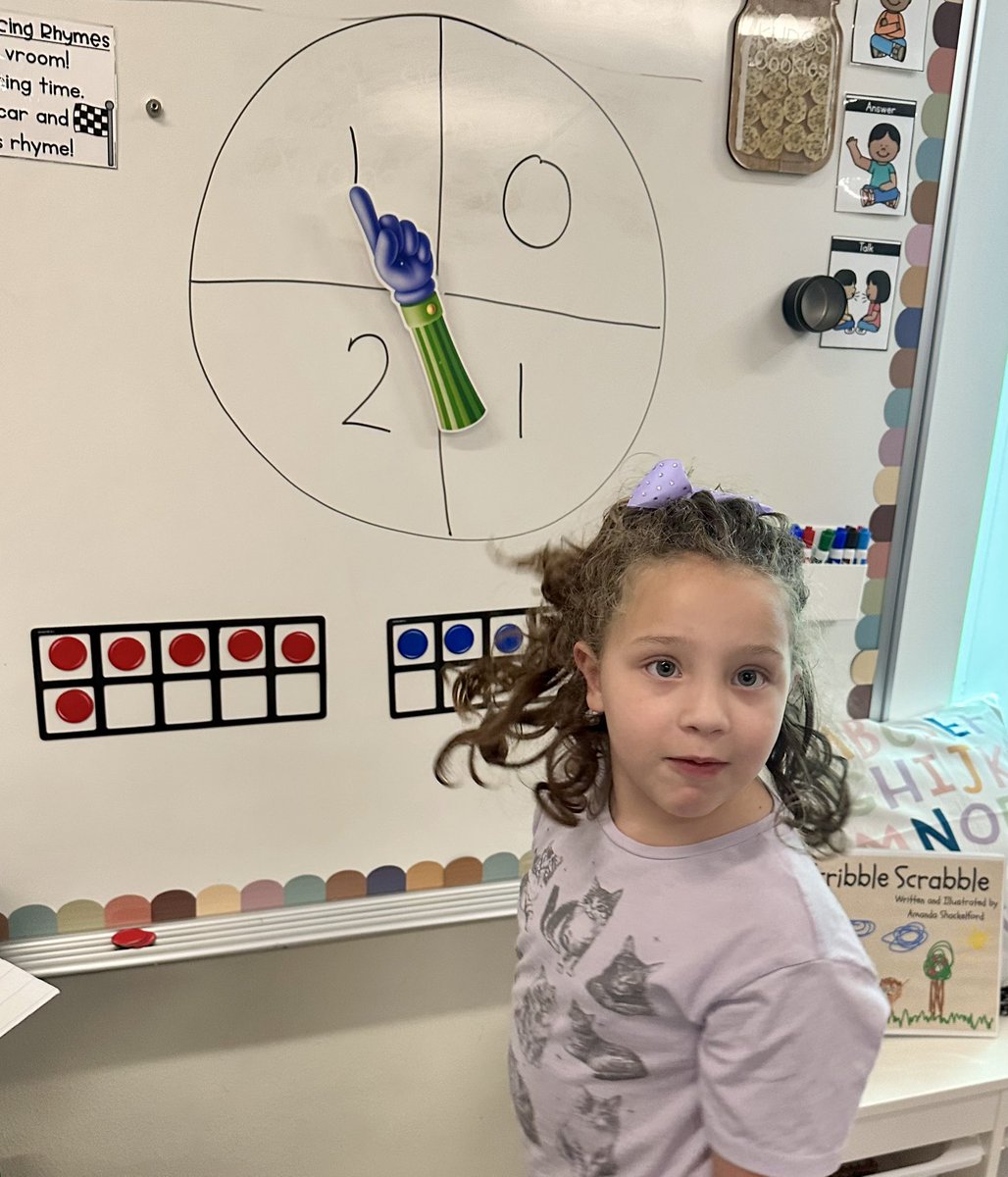 ngriffith106's tweet photo. Student vs. Teacher Race to 10, comparing numbers while using our 10 frames. Favorite comment of the day: a student spun 2 and another student quickly stated “now we’re tied with Mrs. Griffith, we’re equal!” 
Can you tell who won? #rockyourrole #wearedegan #onelisd https://t.co/oGKeWjhIJP