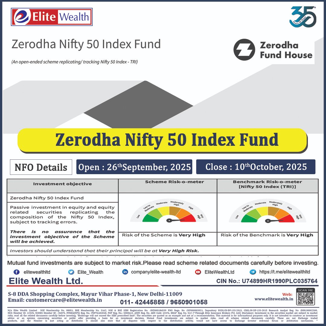 Elite_Wealth's tweet image. 📢 Zerodha Nifty 50 Index Fund – NFO Open Soon!
Invest in India’s top 50 companies 📈with the power of index investing.
.
📌 NFO Details
🗓️ Open: 26th Sept 2025
🗓️ Close: 10th Oct 2025
🔗 elitewealth.in/zerodha-nifty-…
.
#Zerodha #Nifty50 #IndexFund #NFO2025 #EliteWealth #SmartInvesting