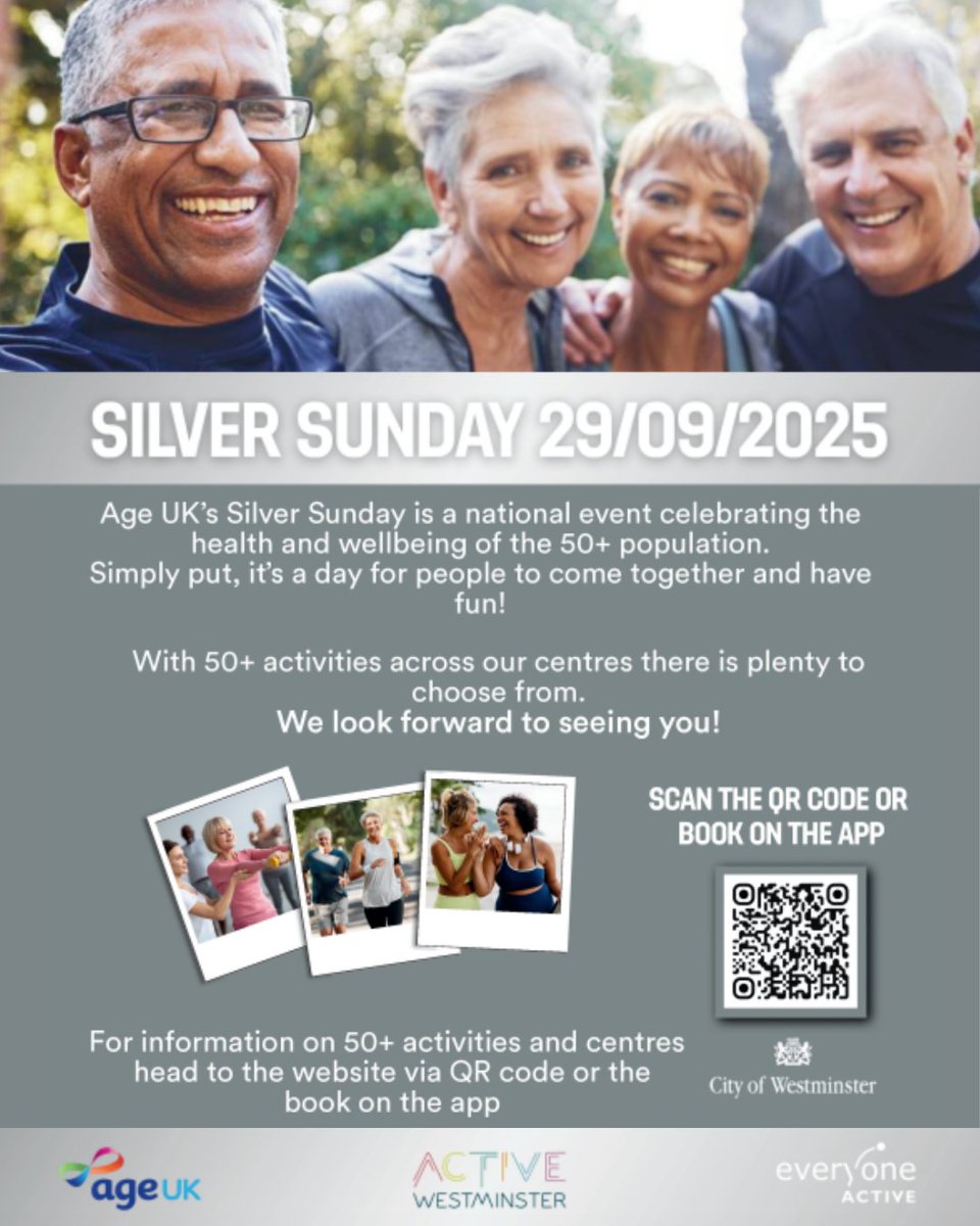 🎉 Silver Sunday Week is here! From 29 Sept–5 Oct, we're providing 50+ activities across <a href="/CityWestminster/">Westminster City Council</a>
for our 50+ community.

💪 Move more. 🌟 Live well. ❤️ Connect.

Check out the schedule via the QR code below or the Everyone Active app.

#SilverSunday #MoveMoreLiveWell