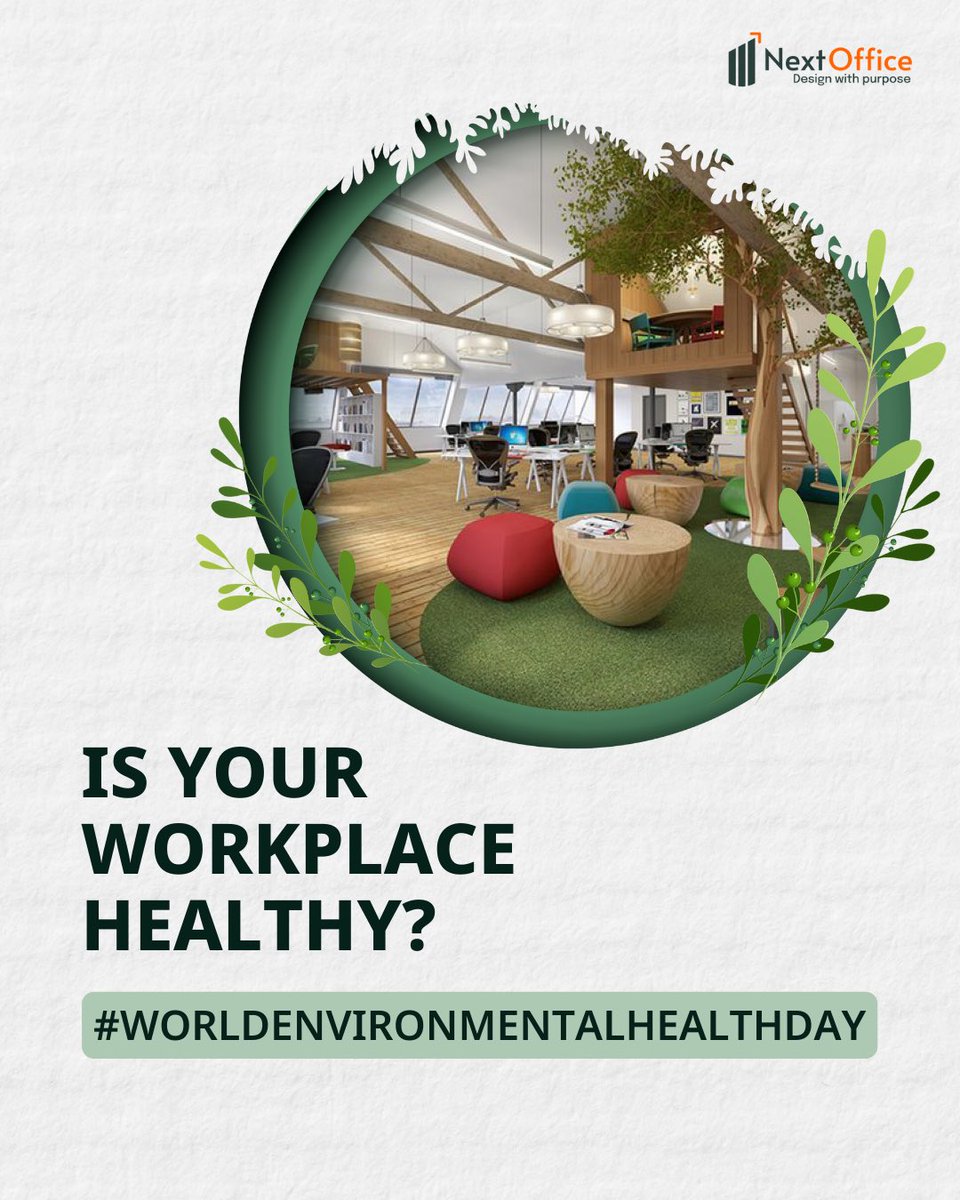 Nextoffice_in's tweet photo. On World Environmental Health Day, we are  reminded that wellness isn’t just about the outdoors, it’s also about the spaces where we spend 90% of our lives. 

A truly healthy office includes:
🌬️ Clean indoor air
💧 Safe, filtered water
☀️ Access to natural light
🔊 Reduced noise levels
🌡️ Comfortable temperatures

When we design for health, we design for people.
Which of these 5 would you improve first in your office?

#TheNextOffice #DesignWithPurpose