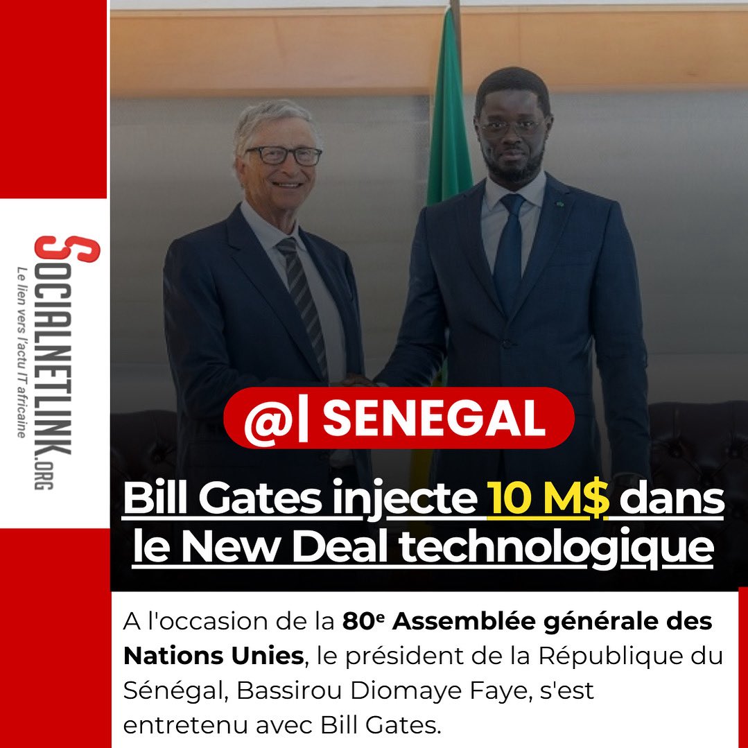 🇸🇳🤝💡 À l’ONU, le président <a href="/PR_Diomaye/">Bassirou Diomaye Faye</a> a obtenu un appui de 10 M$ (6 Mds FCFA) de la Fondation Bill Gates pour le New Deal technologique du Sénégal : identité numérique universelle + hub d’IA dédié à la santé et l’agriculture.
#kebetu #Senegal #Afrique