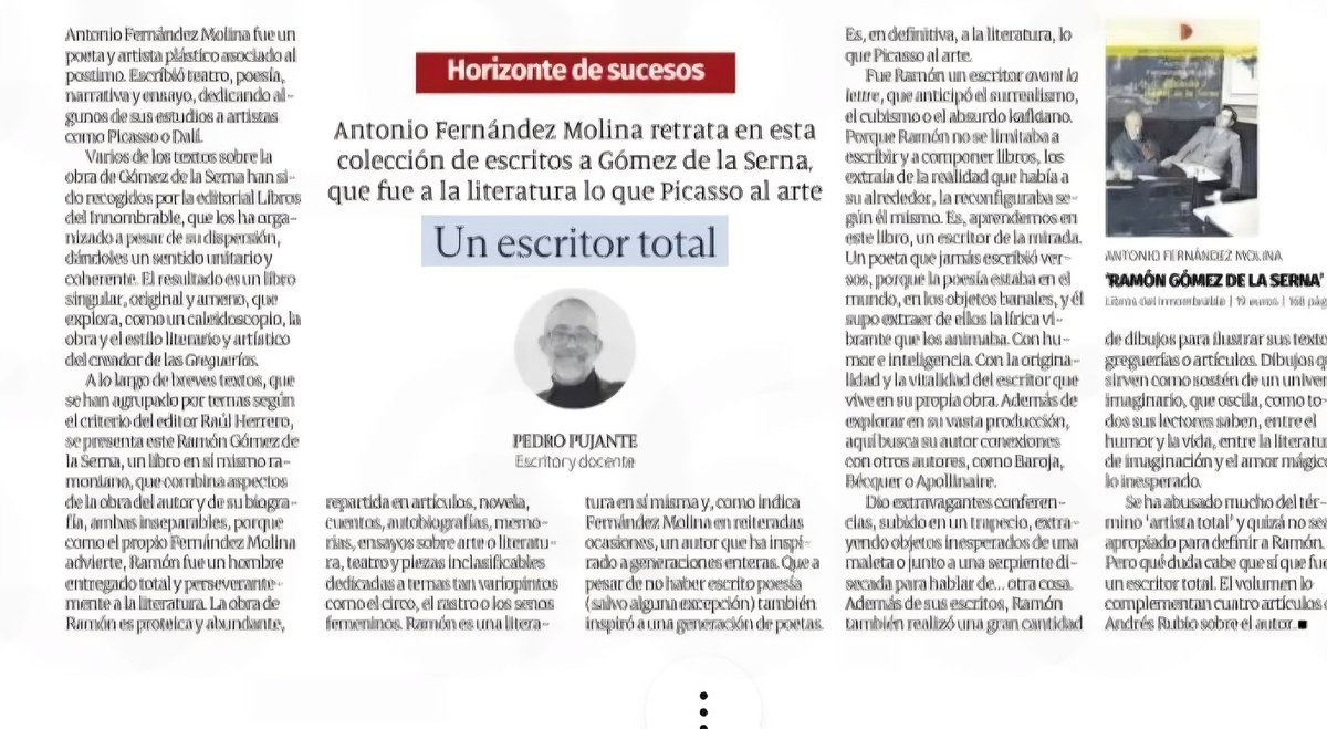 📚 Pedro Pujante reseña Ramón Gómez de la Serna, un escritor total (Antonio Fernández Molina, Libros del Innombrable). Un retrato del autor que fue a la literatura lo que Picasso al arte: vanguardia, humor e innovación. #Literatura #GómezDeLaSerna
